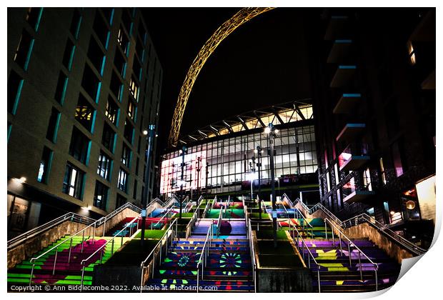 Colourful steps to Wembley Stadium  Print by Ann Biddlecombe