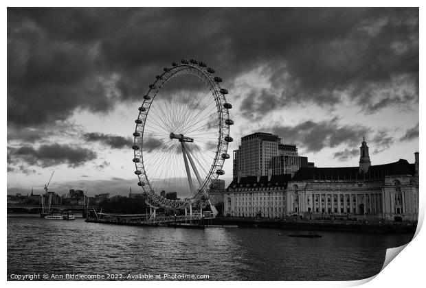 Monochrome London eye a view on a cloudy day Print by Ann Biddlecombe