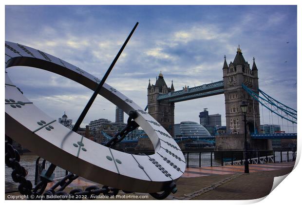 Sundial with tower bridge Print by Ann Biddlecombe