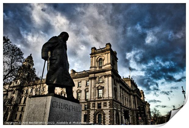 Churchill statue near parliament  Print by Ann Biddlecombe