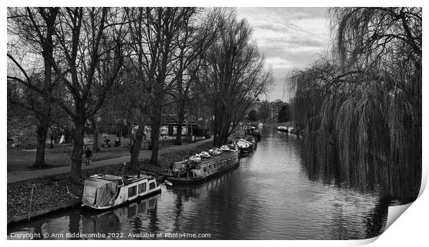 Cambridge Canal with canal boats Print by Ann Biddlecombe