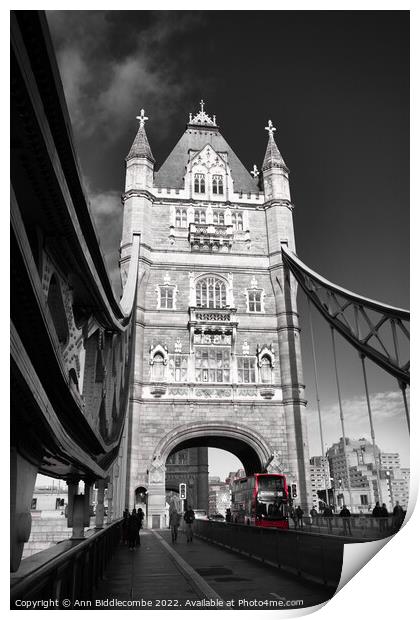 Tower bridge with red bus Print by Ann Biddlecombe