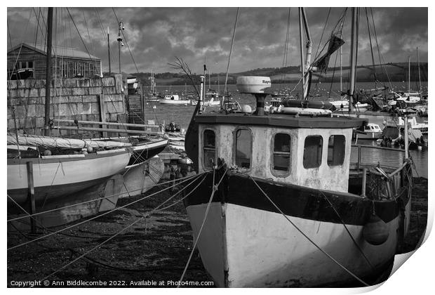 Fishing boats stranded as the tide recedes Print by Ann Biddlecombe