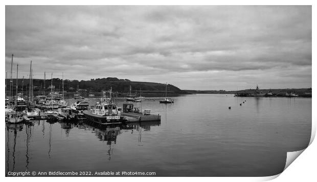 Monochrome Falmouth harbour looking out to sea  Print by Ann Biddlecombe