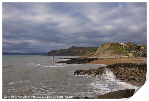 West bay Jurassic coast in windy weather Print by Ann Biddlecombe