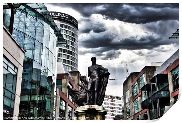 Birmingham centre with Horatio Nelson statue Print by Ann Biddlecombe