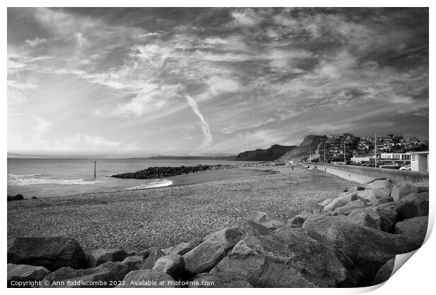 Black and white West bay beach looking towards the cliffs Print by Ann Biddlecombe