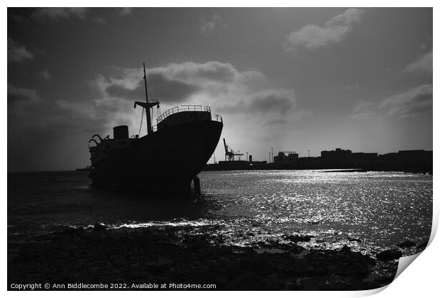 Shipwreck outside Arrecife Lanzarote in black and white Print by Ann Biddlecombe