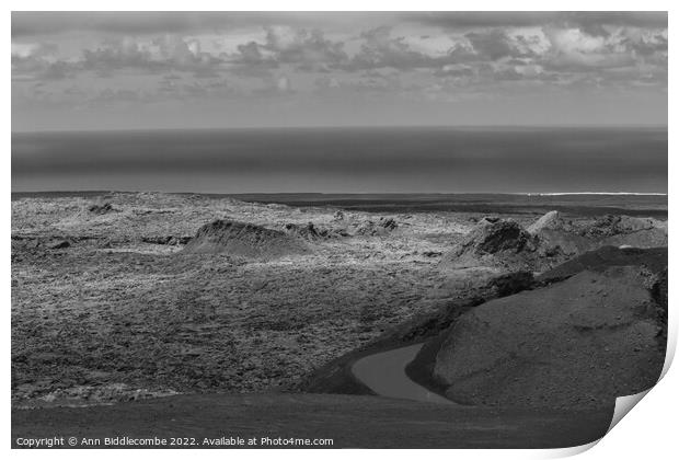 View to the sea over the volcanos in black and white Print by Ann Biddlecombe