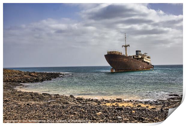 Shipwreck on the walk from Costa Teguise to Arrecife Print by Ann Biddlecombe