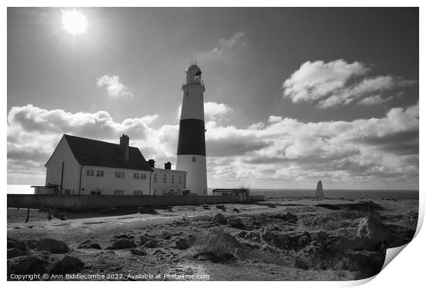 Portland Bill lighthouse with the sun in monochrom Print by Ann Biddlecombe