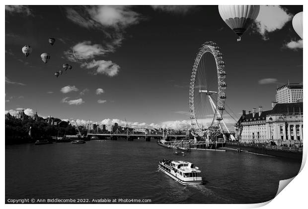 black and white  London eye as hot air balloon's f Print by Ann Biddlecombe
