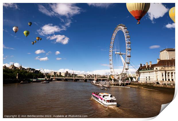 London eye as hot air balloon's fly over Print by Ann Biddlecombe