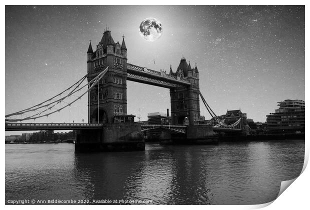 Monochrome Moon lit night over tower bridge Print by Ann Biddlecombe