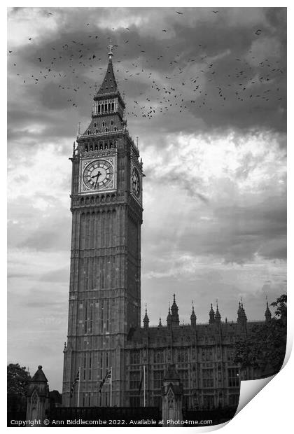 A monochrome of Big Ben in London Print by Ann Biddlecombe