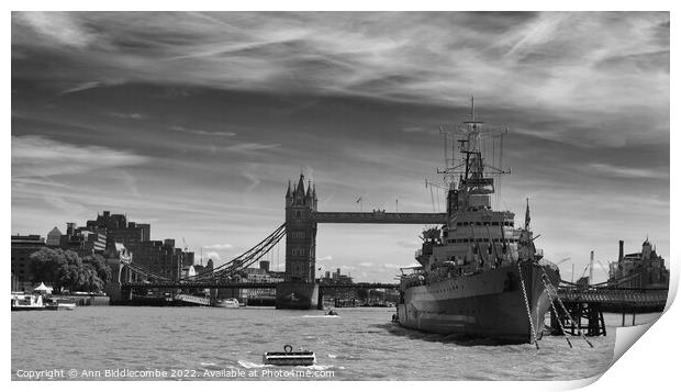 HMS Belfast and Tower bridge Print by Ann Biddlecombe