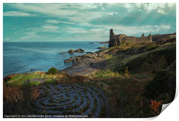 Dunure Castle on the coast of Ayrshire Print by Ann Biddlecombe