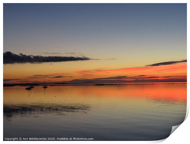 Three Boats in Sunset over Lagune de Thau Print by Ann Biddlecombe