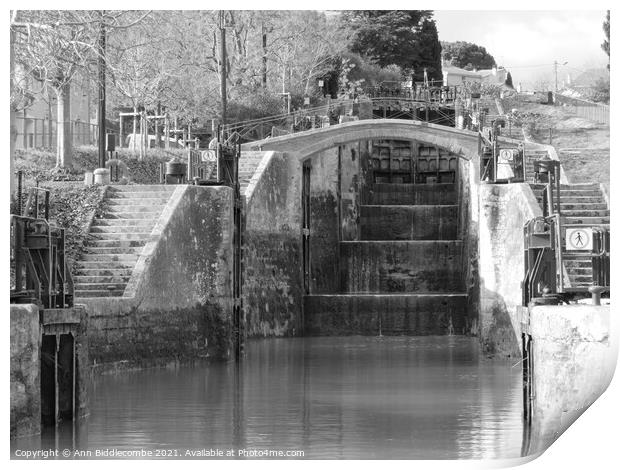 View up the locks on the Canal Du Midi in Black an Print by Ann Biddlecombe