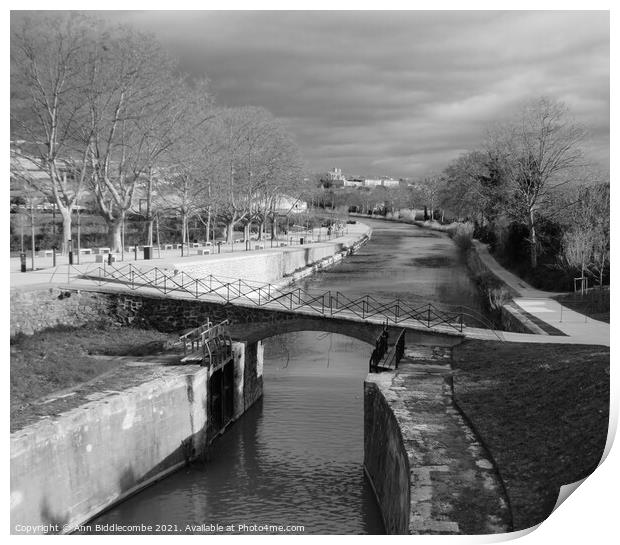 Black and White, Canal du Midi at Beziers looking  Print by Ann Biddlecombe