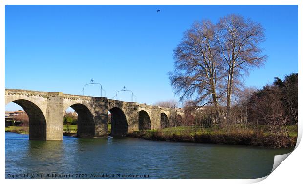 Bridge over the L'Aude River in France Print by Ann Biddlecombe