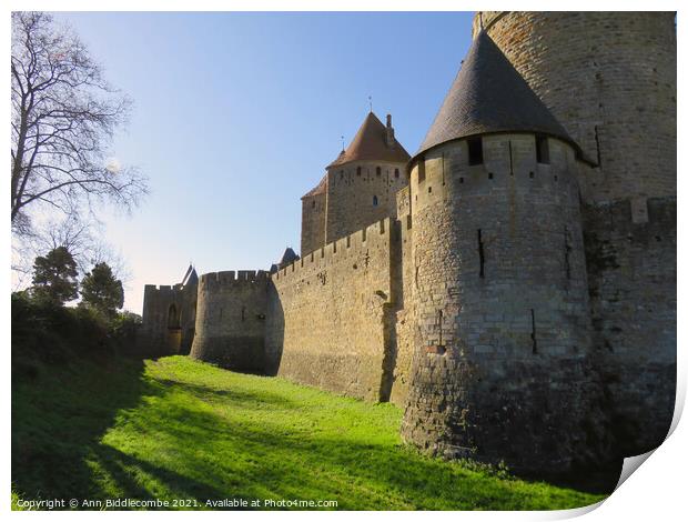 The outer wall of the Medieval town in Carcassonne Print by Ann Biddlecombe