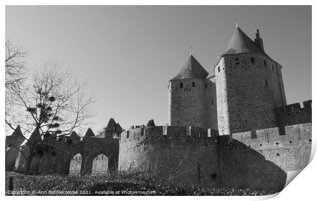 Medieval Town in Carcassonne in Black and White Print by Ann Biddlecombe