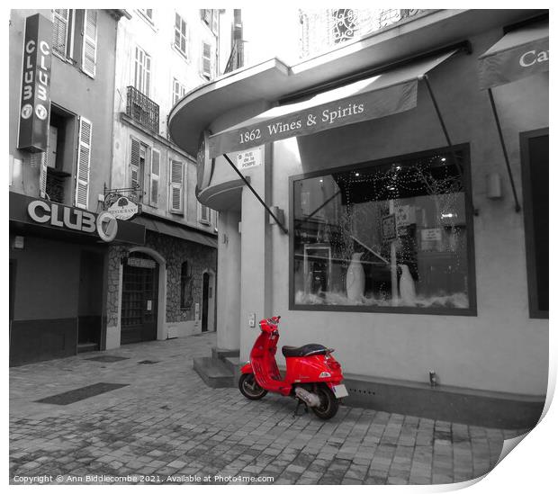 Red Vespa in Cannes Print by Ann Biddlecombe