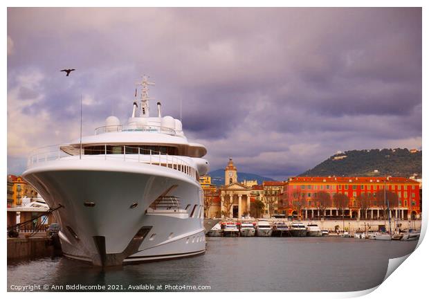 Super yacht in Nice Marina Print by Ann Biddlecombe