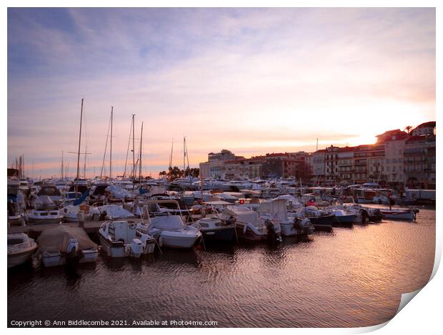  Cannes marina at sunset Print by Ann Biddlecombe