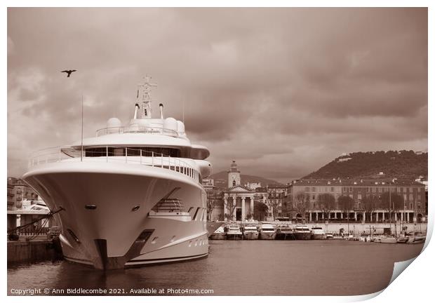 Old monochrome super yacht in Nice Marina Print by Ann Biddlecombe