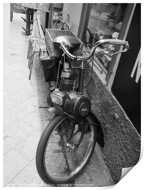 Vintage motorized bicycle  Print by Ann Biddlecombe