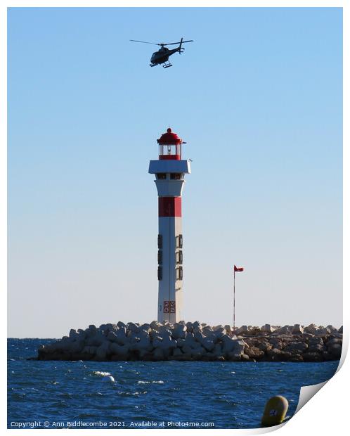 Helicopter above the Lighthouse Print by Ann Biddlecombe