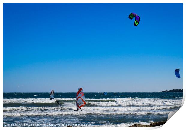  Windsurfers and Kite surfers  at Palm Beach Print by Ann Biddlecombe