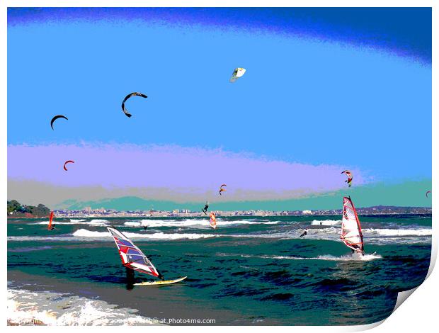 Posterized windsurfers and kite surfers on Palm be Print by Ann Biddlecombe