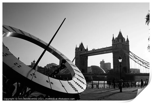 London bridge and sundial in monochrome Print by Ann Biddlecombe