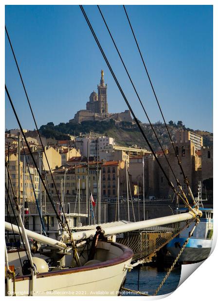 View from the Port to the Notre Dames de la Garde Print by Ann Biddlecombe