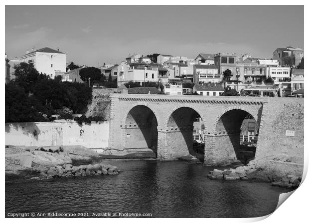 Bridge on the coast of Marseille in monochrome Print by Ann Biddlecombe