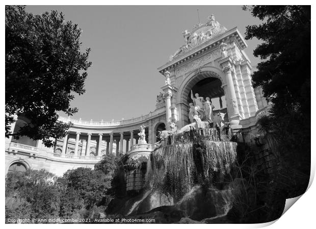 Waterfall at Palais Longchamp in black and white Print by Ann Biddlecombe