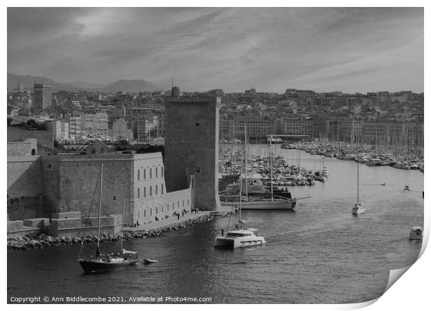 Red sky in Marseille  in monochrome - black and wh Print by Ann Biddlecombe