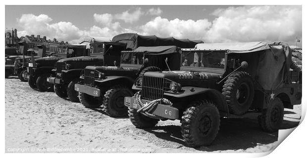 Military trucks and jeeps on Weymouth beach in mon Print by Ann Biddlecombe