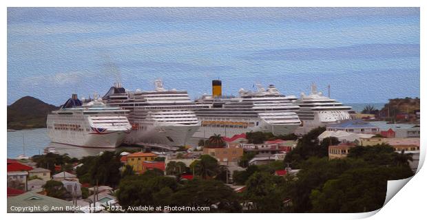 Cruise ships in Antigua with oil paint effect Print by Ann Biddlecombe