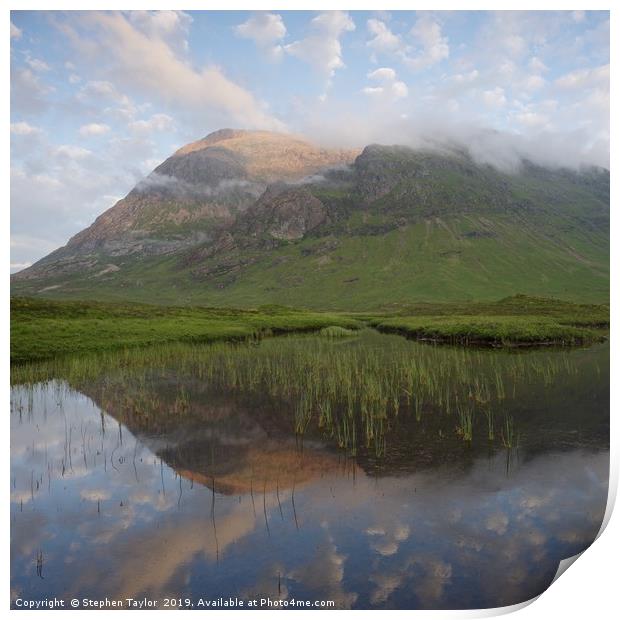 Buachaille Etive Mor reflected in Lochan na Fola Print by Stephen Taylor