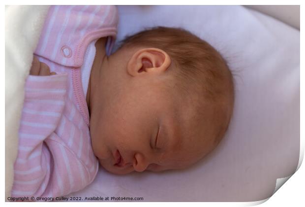 Sleeping newborn baby girl wearing a pink sleepsui Print by Gregory Culley