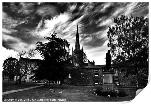 Wild skies at Norwich Cathedral Print by Sally Lloyd