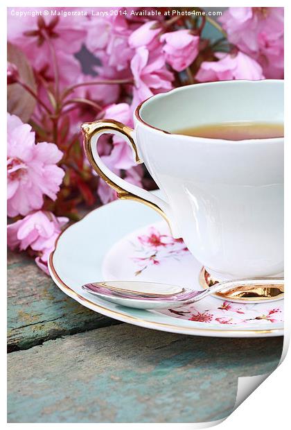 Beautiful Japanese cherry tree and a cup of tea Print by Malgorzata Larys