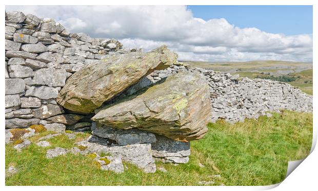Glacial erratic in a wall.  Print by Mark Godden