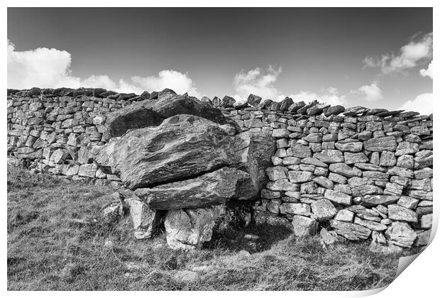 Glacial erratic in a wall, photographed in monochrome Print by Mark Godden
