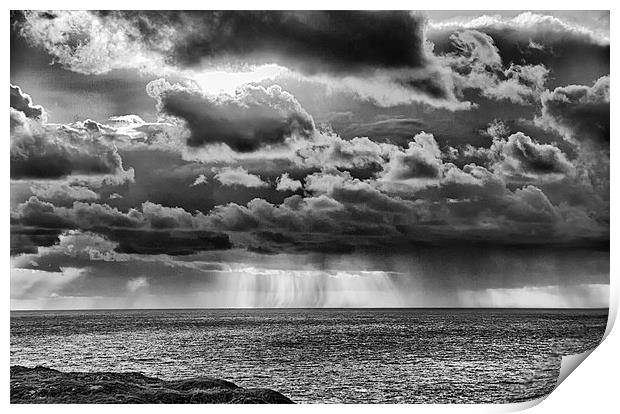  Rainstorm at sea in monochrome. Print by Mark Godden