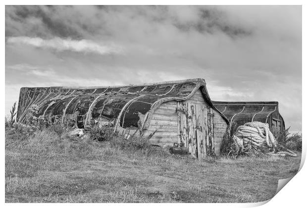 Fishermen's Huts in monochrome.  Print by Mark Godden